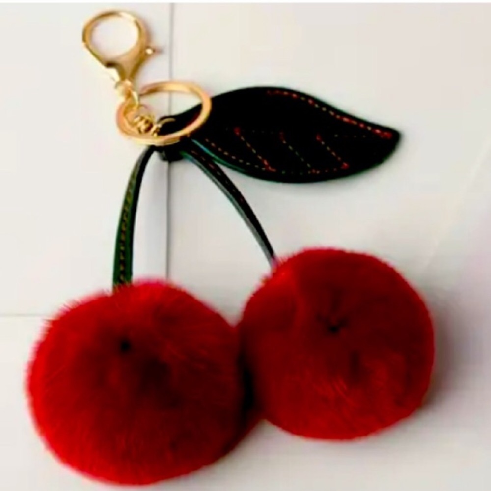 Dark Cherry Pom Pom Plush Bag Charm Keychain - Picture 1 of 2